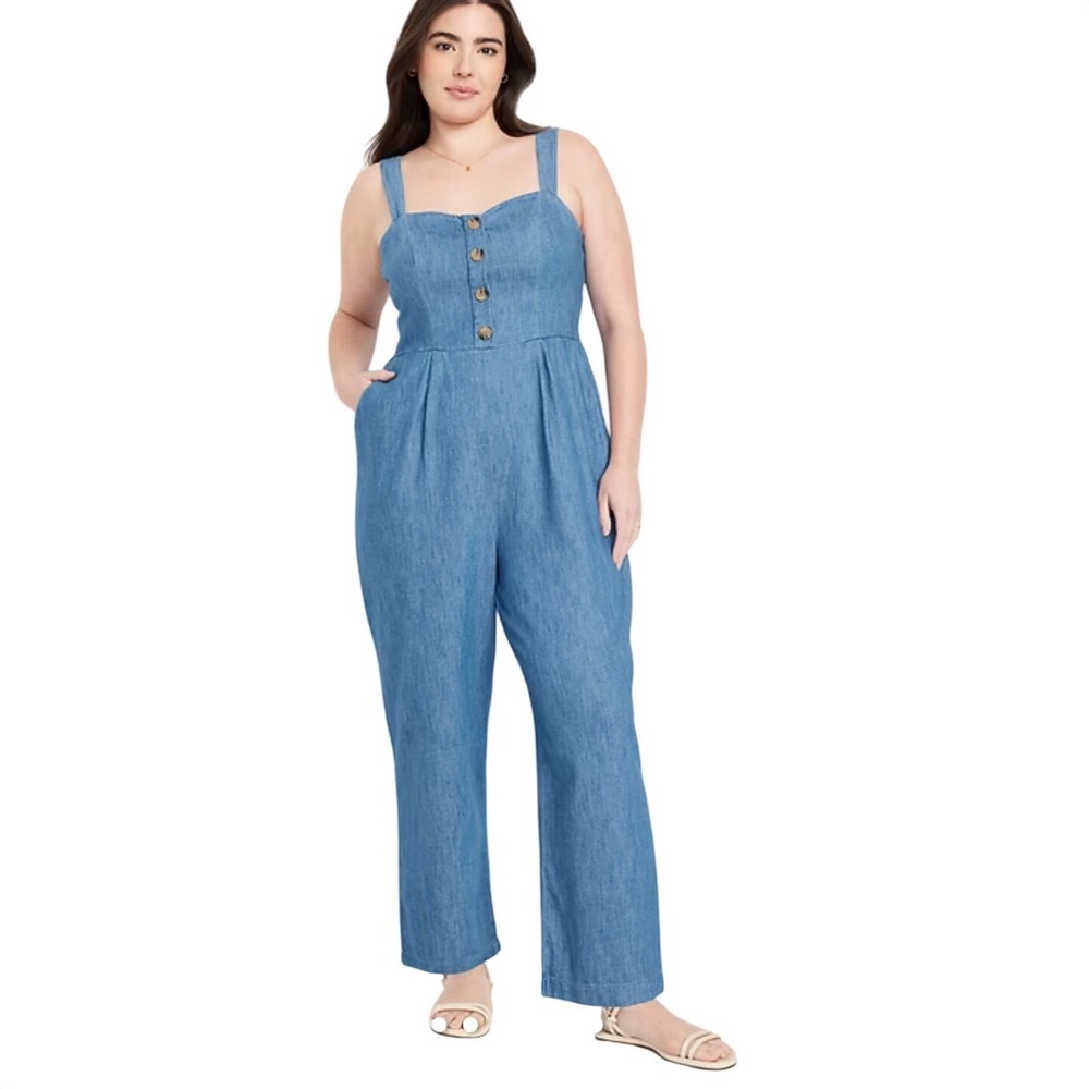 Old Navy Denim Jumpsuit XXL Petite Chambray Button Front Wide Leg Cropped - Picture 2 of 12